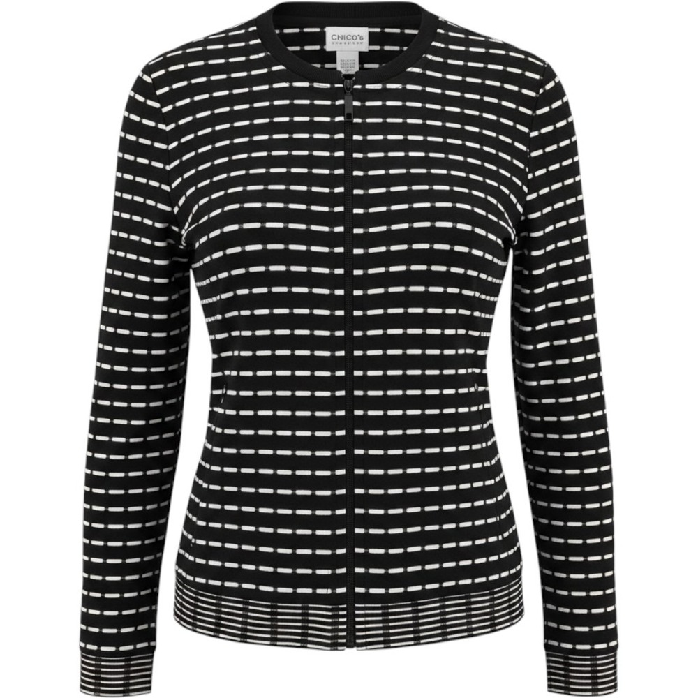 Chico's Travelers Jacket Womens 2/Large Black White Zip Print Old Money Career